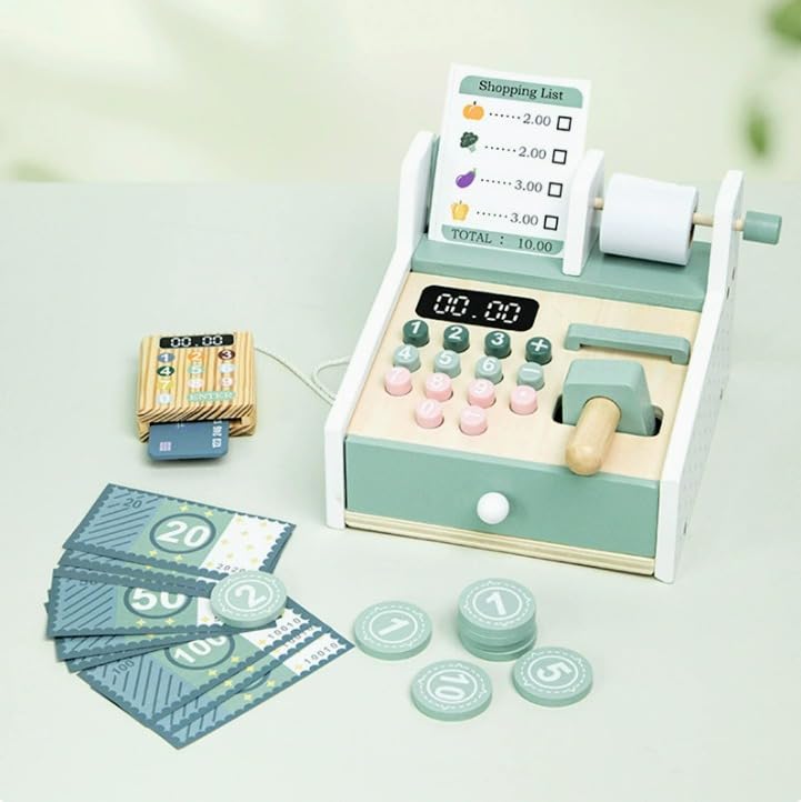 Montessori Wooden Cash Register Toy, Pretend Supermarket Play Set (Ages 3+)