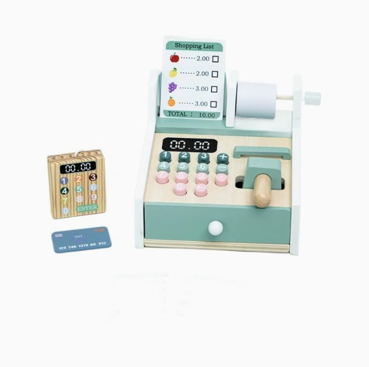 Montessori Wooden Cash Register Toy, Pretend Supermarket Play Set (Ages 3+)