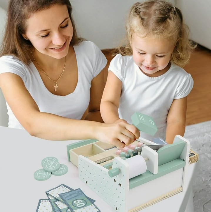 Montessori Wooden Cash Register Toy, Pretend Supermarket Play Set (Ages 3+)