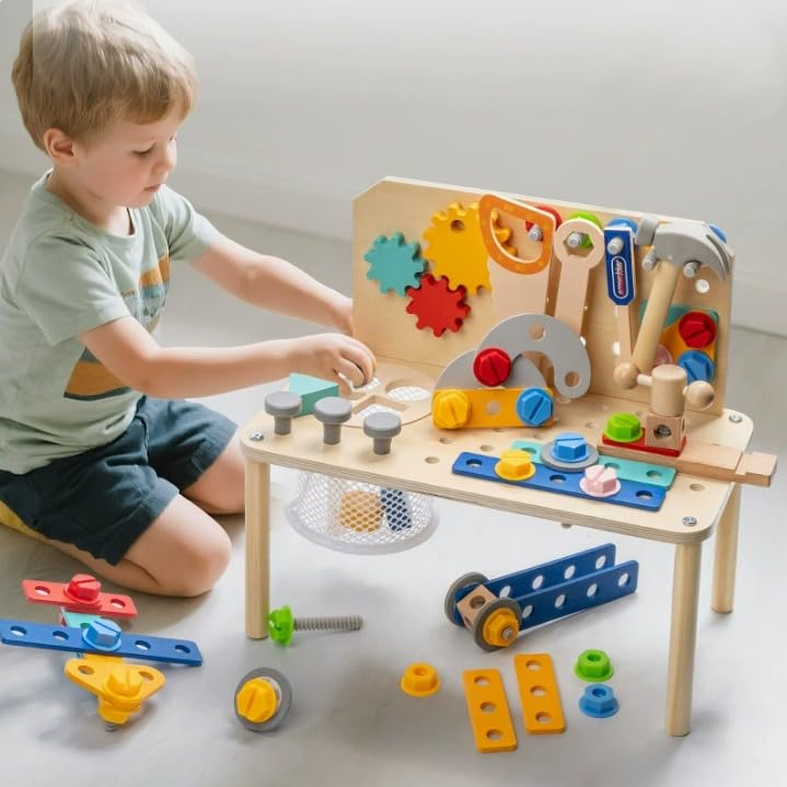 Montessori Wooden Tool Bench & Builder Set, Pretend Construction Toy (Ages 3+)
