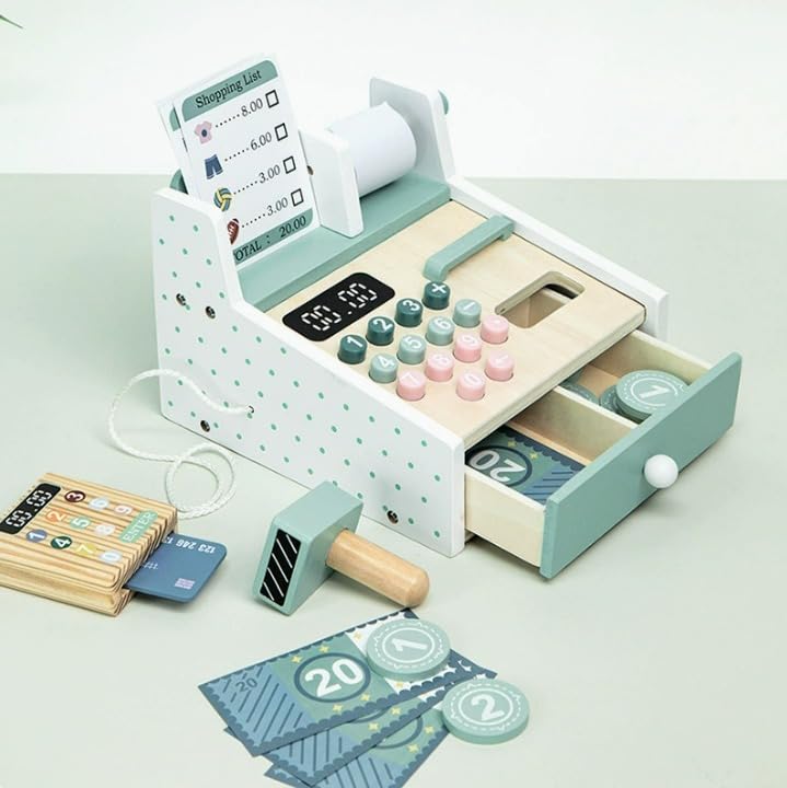Montessori Wooden Cash Register Toy, Pretend Supermarket Play Set (Ages 3+)